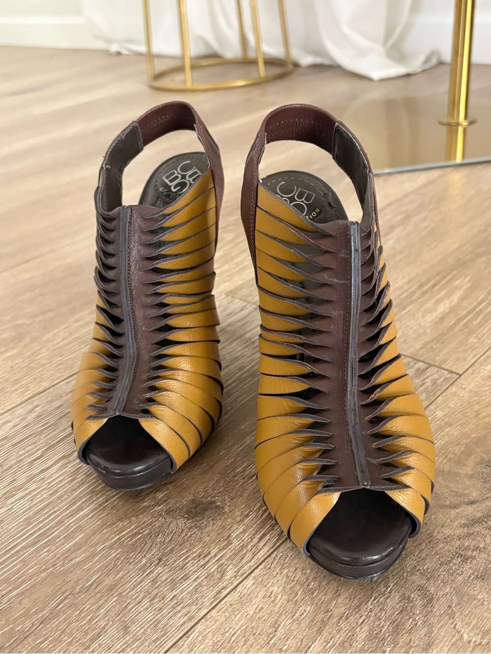 BCBGeneration Mustard Yellow and Brown Cutout Peep-Toe Slingback Heels